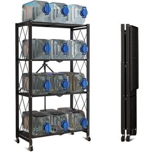 Storage Shelves, Closet Organizers and Storage 4-Shelf Foldable Metal Shelving Units 28" W x 14" D x 50" H for Garage Kitchen Bakers, Collapsible Organizer Rack, Heavy Duty on Wheels (4 -Shelf)