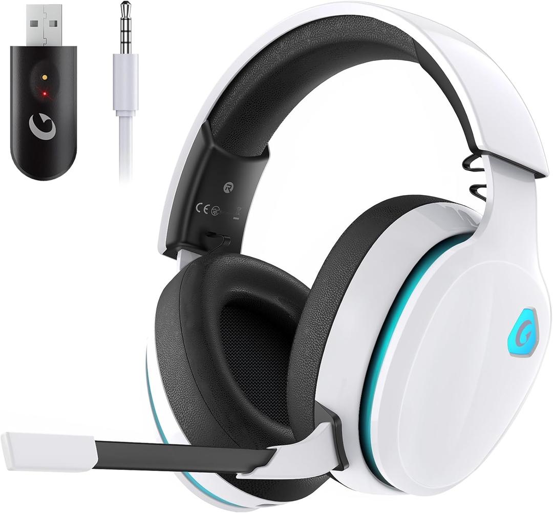 Gtheos 2.4GHz Wireless Gaming Headset for PS5, PS4 Fortnite & Call of Duty/FPS Gamers, PC, Nintendo Switch, Bluetooth 5.3 Gaming Headphones with Noise Canceling Mic, Stereo Sound, 40+Hr Battery -White