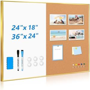 QUEENLINK White Board Cork Board Combo, 24'' x 18'' Dry Erase Board and Bulletin Board, Magnetic Gold Aluminum Frame Vision Board Message Board