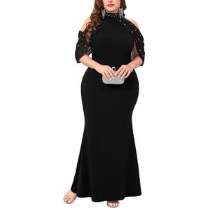 CYCLAMEN Plus Size Evening Gowns with Pearl Rhinestone Cold Shoulder Halter Neck Chiffon Curvy Mermaid Formal Maxi Dress (3X-Large Plus, Black)