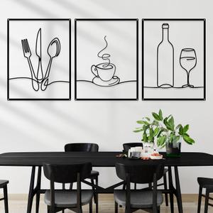 Otoolling 3 Pieces Metal Minimalist Line Kitchen Signs Wall Decor Drawing Rustic Kitchen Wall Art for Dining Living Room Home, 14 x 11 Inches(Dining Room,Black)