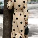 Women's Autumn Dress Long-Sleeved v-Neck Cinched Waist Elegant Large Polka Dot Long Dresses (Beige, M)