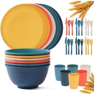 36 Pieces wheatstraw Dinnerware Set with 6 Each of Dinner Plates Cereal Salad Bowls Cups Flatwares Unbreakable Modern Dinner Set for Microwave Dishwasher Safe Reusable Multicolor