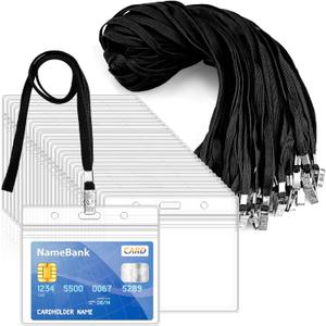 30Pcs Lanyards for Id Badges and 30 Pcs Clear Plastic Horizontal Name Badge ID Card Holders, Neck Lanyards with Metal Clip Waterproof Resealable Name Tag Badge ID Card Holders, Black