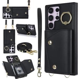 UEEBAI Crossbody Wallet Case for Samsung Galaxy S23 Ultra 5G, Card Slot Phone Case with Zipper Pocket Kickstand Purse Hand Strap Cover with Removable Crossbody Wrist Strap Flip Case - Black