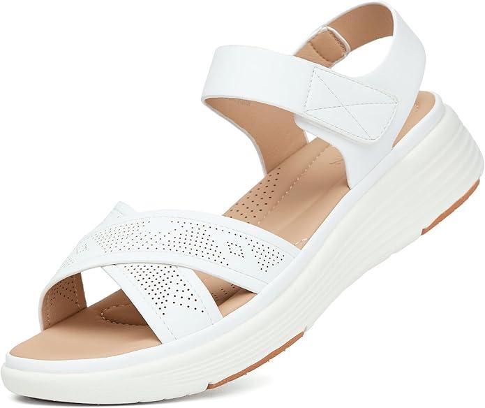 UBFEN Womens Platform Sandals Wedge Walking Comfortable Casual Adjustable Strap Lightweight Open Toe A White Women US 7