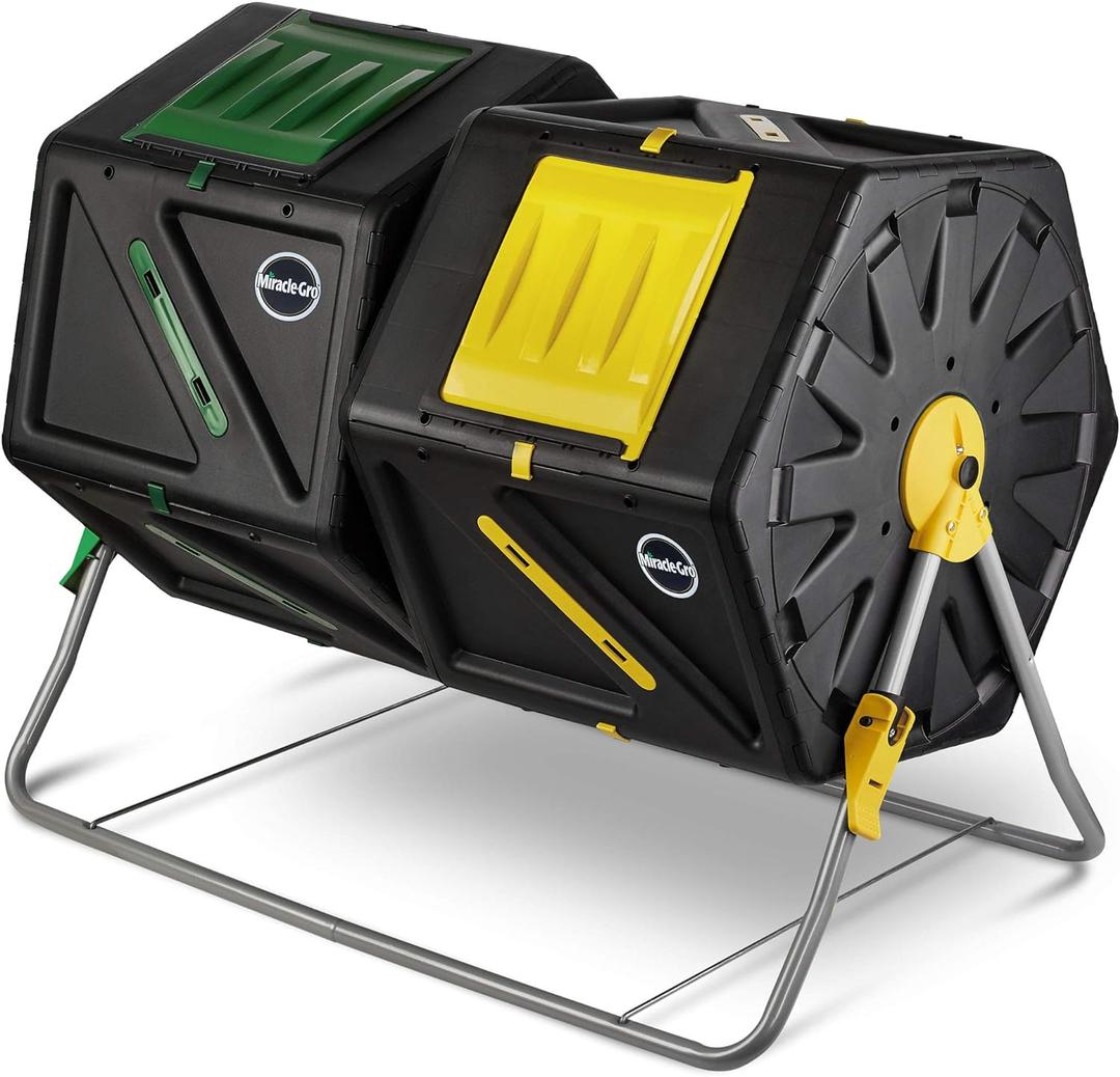 Miracle-Gro Large Dual Chamber Compost Tumbler  Easy-Turn, Fast-Working System  All-Season, Heavy-Duty, High Volume Composter with 2 Sliding Doors - (2  27.7gallon /105 Liter)