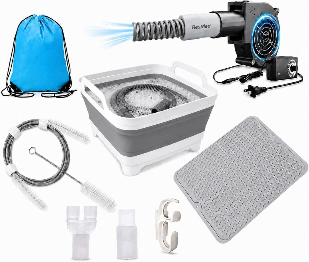 CPAP Cleaning and Drying Kit with Hose Dryer, Collapsible Wash Basin, Full-Length Hose Brush, Thick Silicone Drying Mat, Hanging Hook, Dries 1 or 2 Hoses, 10-Speed Airflow, No Heat