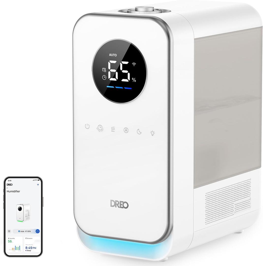 DREO Humidifiers for Bedroom, Top-filled Smart Quiet Cool Mist Humidifiers for Large Room Home, Oil Diffuser & Nightlight, 50Hours Runtime for Indoor Plants, with Alexa/Google, Grey