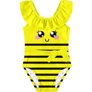 Girls One Piece Swimsuits Toddler Cute Ruffle Bathing Suits Quick Dry Beach Swimwear Size 2-7 Years (Yellow Bee)