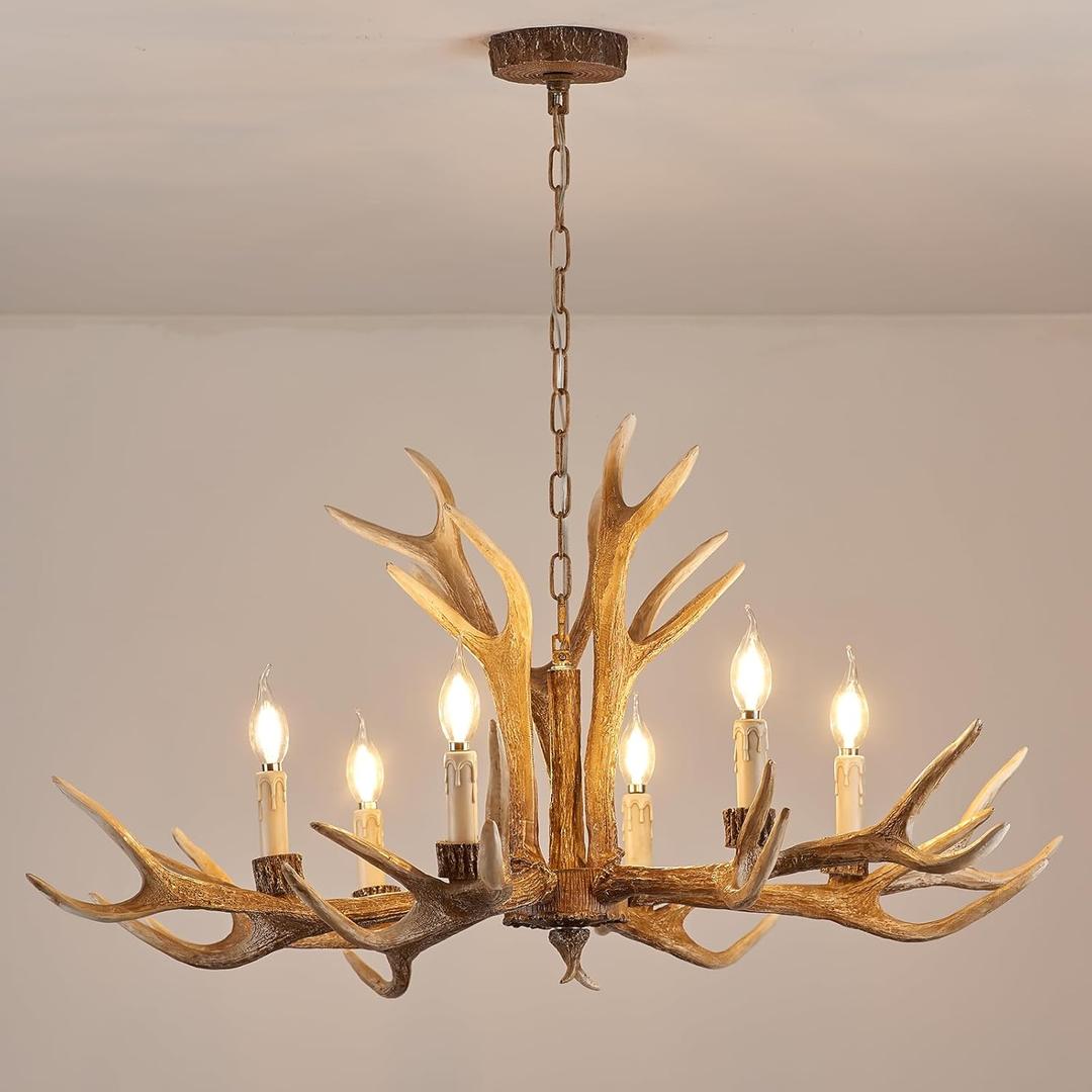 Antler Chandelier Lighting,Small Deer Rustic Farmhouse Chandelier Light Fixtures for Dining Room Living Room Kitchen Island Bedroom Entryway Foyer(6 Lights, Brown) (6 Lamp Arms + 3 Arms)