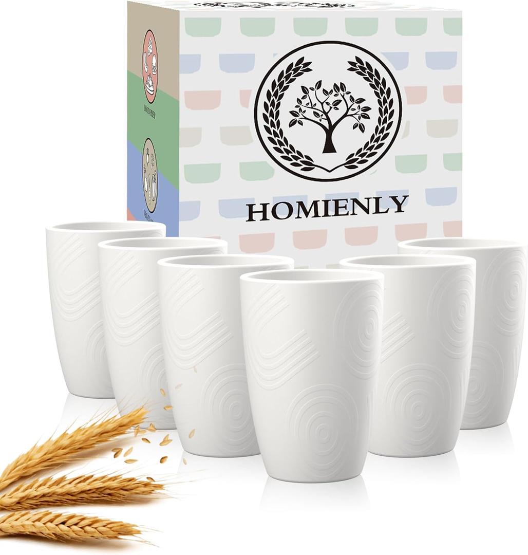 2 x Homienly Kitchen Cups 12 OZ Wheat Straw Drinking GlassesUnbreakable, Lightweight & Reusable Alternative to Plastic Cups,Dishwasher Safe Cups for Kitchen & Outdoor Use (White, 6 PCS)