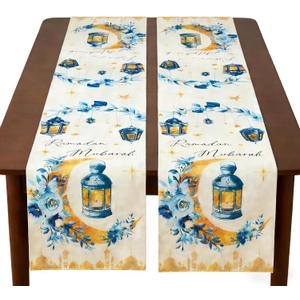 Eid Mubarak Table Runner Table Decorations 2 Pack Blue and Gold Holiday Kitchen Dining Table Runners with Moon Star and Lantern Flower for Home Party Decor 13 x 72 Inch