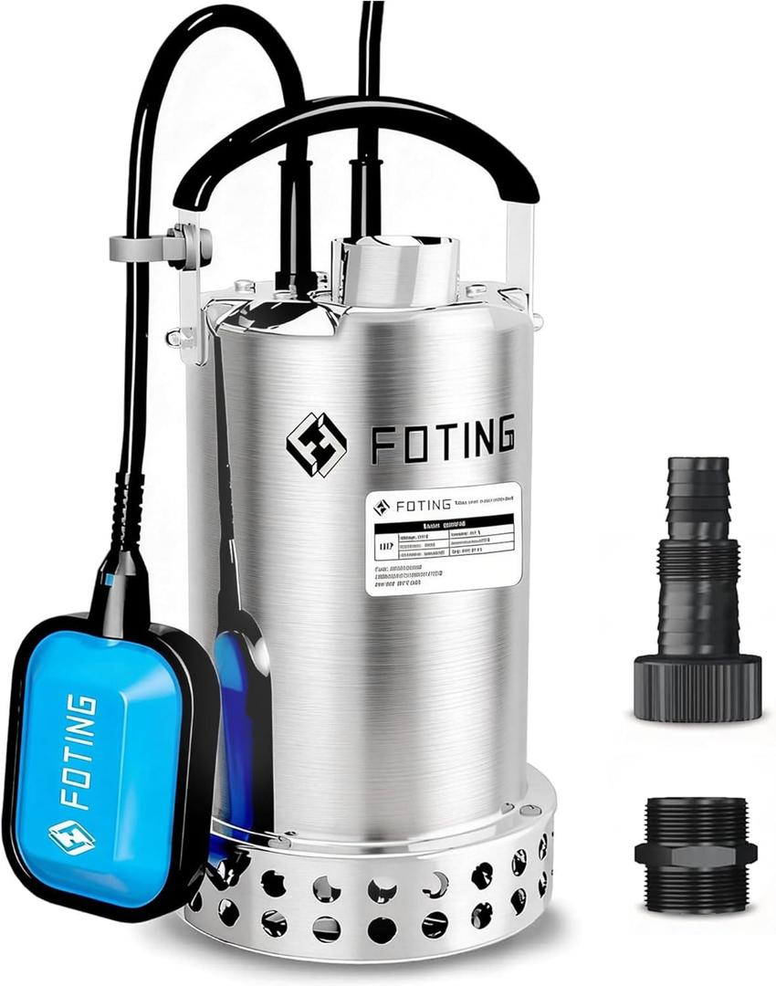 FOTING Full 304 Stainless Steel Sump Pump with Float Switch - 1HP 4600GPH Automatic Submersible Water Pump Fast Water Removal in Pools, Basements, Sewage, Hot Tubs Heater Flush Pit, ponds w/ 10FT Cord