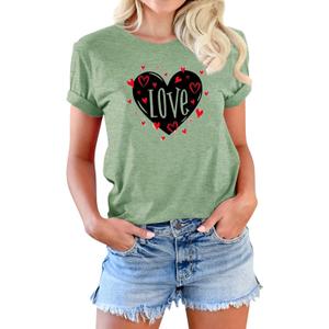 Womens Valentines Tshirt Cute Love Heart Graphic Tee Crew Neck Causal Short Sleeves Tops (Medium, Light Green-1)