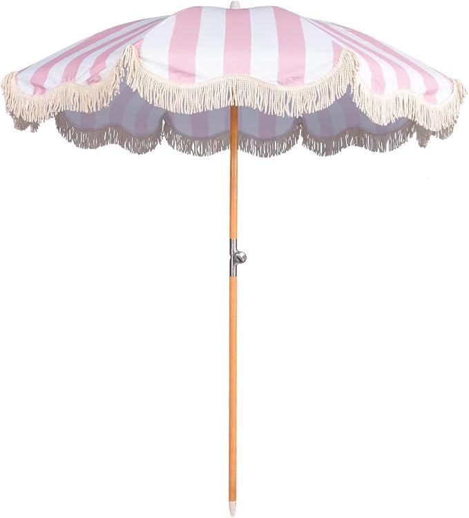 6.5ft Boho Beach Umbrella with Fringe, UPF 50+ Tassel Umbrellas with Carry Bag, Premium Wood Pole Foldable Patio Umbrella for Outdoor Holiday Garden Lawn Pool Yard Table