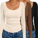 Ekouaer 3 Pack Long Sleeve Shirts for Women Scoop Neck Ribbed Thermal Tops Slim Fit Basic Undershirts (Medium, Black/Brown/Beige)