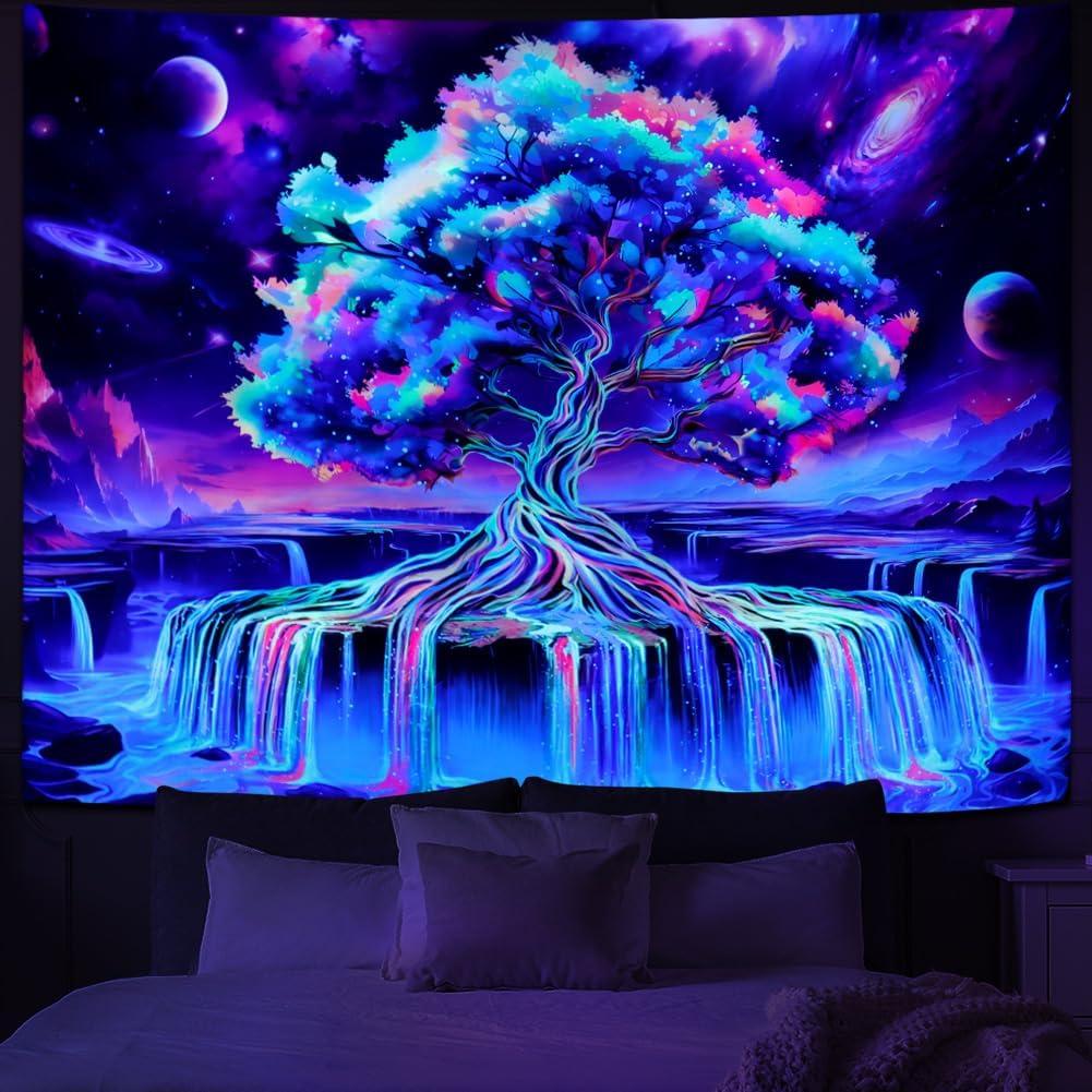 Obsecolors Blacklight Tree of Life Tapestry UV Reactive Waterfall Tapestry Galaxy Space Aesthetic Tree Wall Tapestries Colorful Starry Sky Tapestries Wall Hanging for Bedroom, Size: 59.3"L x 39.3"W