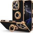 Hython for iPhone 16 Pro Max Case with Ring Stand, 360 Rotatable Ring Holder Magnetic Kickstand, Plating Rose Gold Edge Soft Cover Protective Phone Case for iPhone 16 Pro Max 6.9", Black