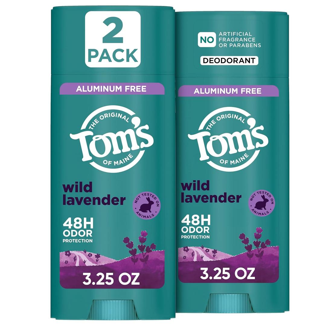 Toms of Maine Wild Lavender Natural Deodorant for Men and Women, Aluminum Free, No Artificial Fragrances, Dyes, or Preservatives, Baking Soda Free, 48-Hour Odor Protection, 3.25 oz (2 Pack)