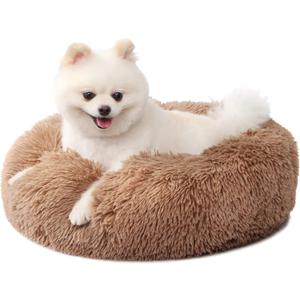 nononfish Small Puppy Beds for Small Dogs Washable - 19 Inches Round Faux Fur Pet Bed for Puppy and Cat Donut Fluffy Plush Orthopedic Doggy Beds Relief Improved Sleeping,Camel (19.0"L x 19.0"W x 6.0"Th, Brown)