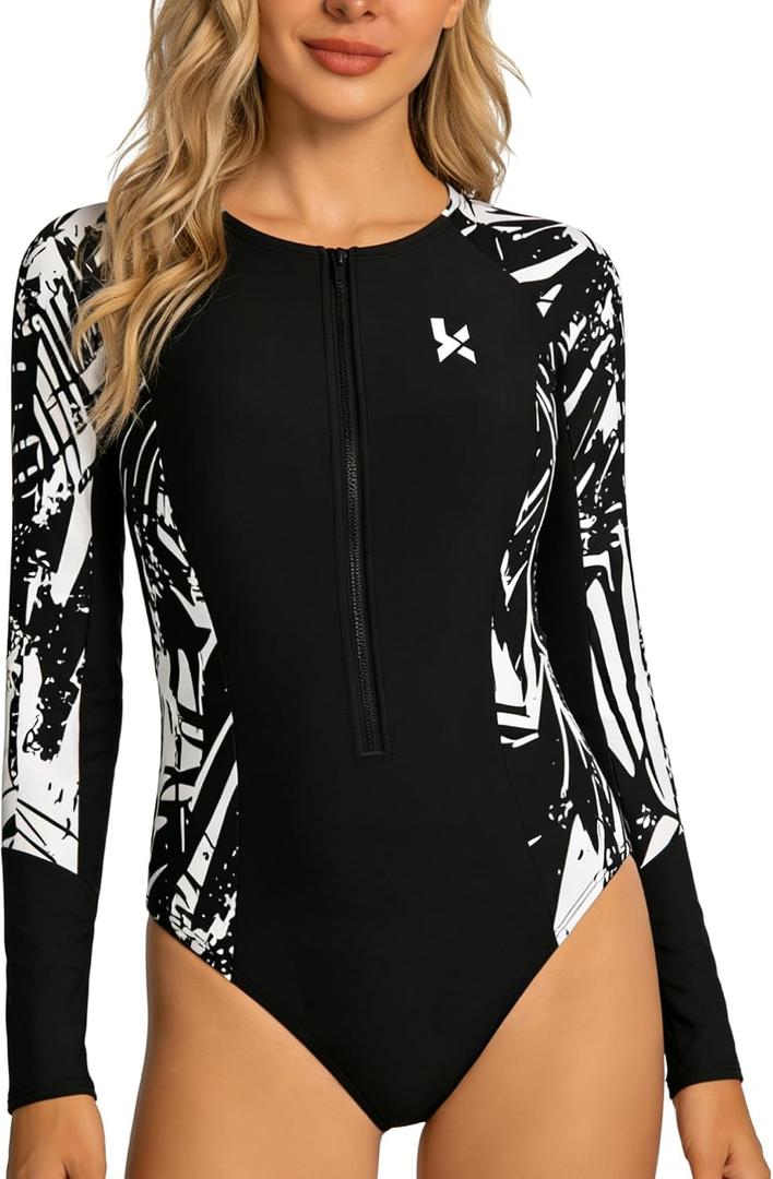 KMT Women One Piece Swimsuit Long Sleeve Rash Guard with Built in Bra UV Protection Surfing Swimming Bathing Suit Front-Zip Size 4