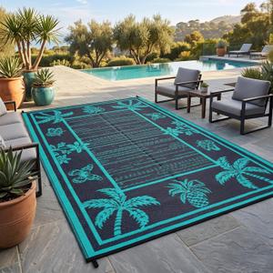 Garvee Outdoor Rug 9x12 Waterproof for Patios, Reversible Plastic Straw Rug, Tropical Leaf Indoor Outdoor Rugs, Large Area Rug for RV, Camping, Deck, Picnic Mat, Outside Carpet