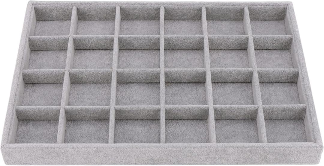 Large Velvet Jewelry Tray, Drawer Organizer for Jewelry in Dresser, Stackable Jewelry Drawer Organizer Inserts for Earring Necklace Bracelet Rings(Grey,24grid)