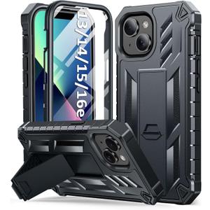 SOiOS for iPhone 13/14/15 Phone Case: for iPhone 16e Protective Cover with Built-in Kickstand | Heavy Duty Military Grade Hard Protection Shock Proof | Durable Dual-Layer Design Black