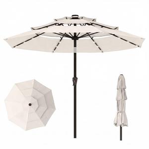 Patio Kingdom 10ft 3-Tier Patio Umbrella with 32 Solar Powered LED Lights, Windproof Outdoor Market Umbrella for Deck, Poolside & Garden, Sturdy Push-Button Tilt Table Umbrella, Creamy White