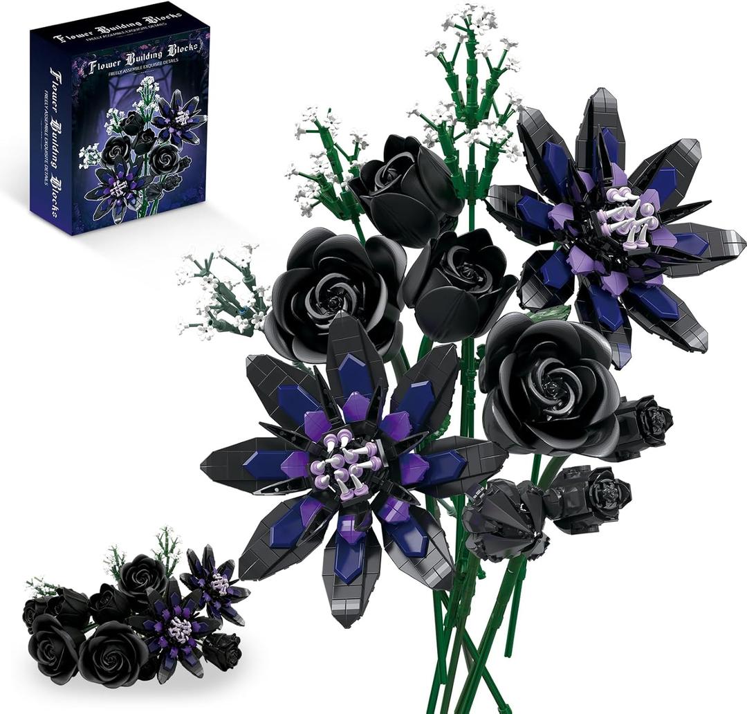 Flower Bouquet Building Set, 12 Gothic Black Rose and Lotus Botanical Collection Building Block Toy Compatible with Lego Flowers for Adults Women Home Decor, Gift for Valentine, Mother's Day