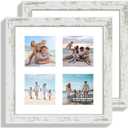 10x10 Picture Frame Set of 2, Real Glass and Distressed White Collage Frame, Display Pictures Four Opening 4x4 With Mat or 10 x 10 Without Mat for Wall Hanging or Tabletop