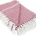 DII 100% Cotton Basket Weave Throw for Indoor/Outdoor Use Camping Bbq's Beaches Everyday Blanket, 50 x 60, Woven Stripe (Barn Red)