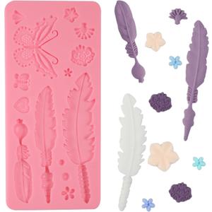 5 x 1 Pcs Feather Chocolate Silicone Mold, Lace Butterfly Cake Decoration Fondant Mold for Wedding Cupcake Toppers Kitchen Baking Candy Sugar Craft Dough Biscuit Modeling Clay Resin Crafts Plaster
