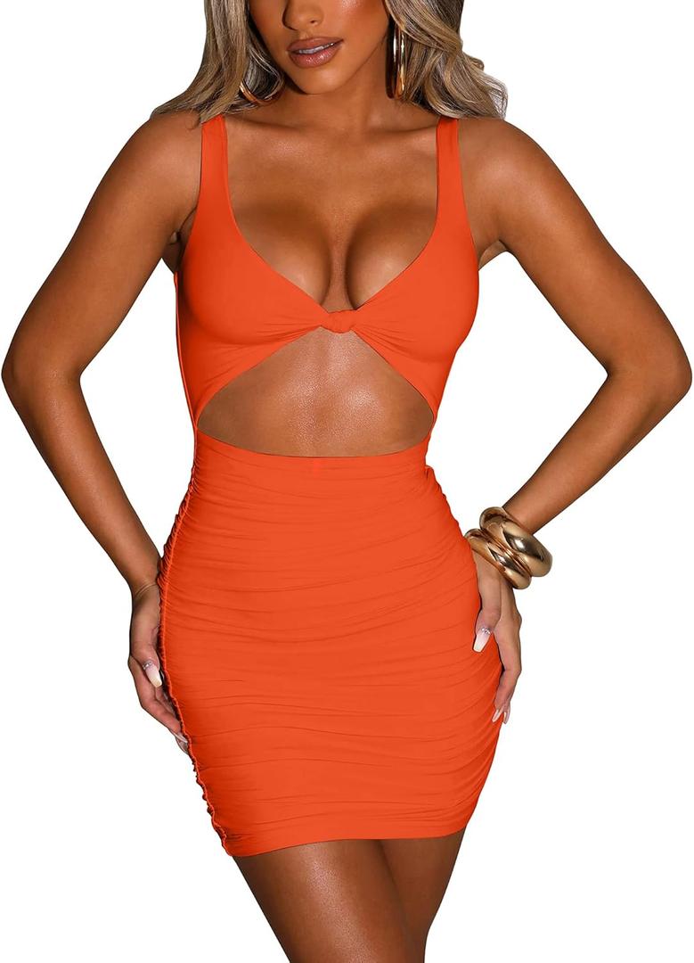 Kaximil Women's Sexy Bodycon Sleeveless Cut Out Ruched Tank Mini Club Party Dresses (Orange)
