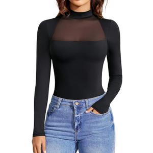 Avidlove Bodysuits for Women Mock Neck Shapewear Body Suit Long Sleeve Leotard Mesh Going Out Tops Concert Outfits (X-Large, Black)