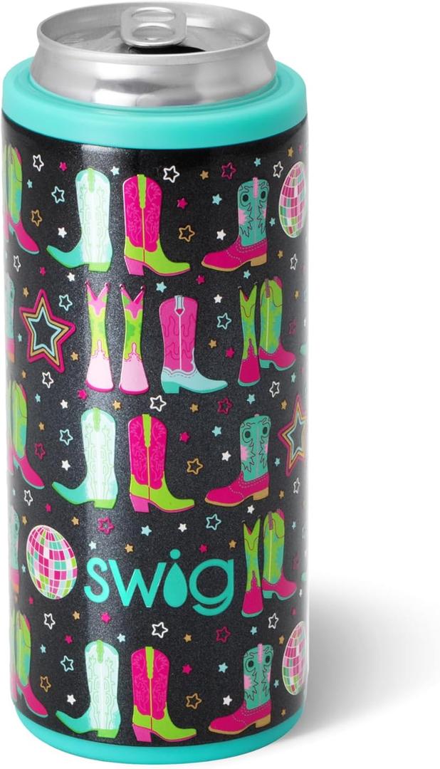 Swig Life Skinny Can Cooler, 12oz Insulated Slim Can Holder, Stainless Steel Cooler, Covers for Tall Beer Bottles, Beach Accessories for Women (Disco Cowgirl)