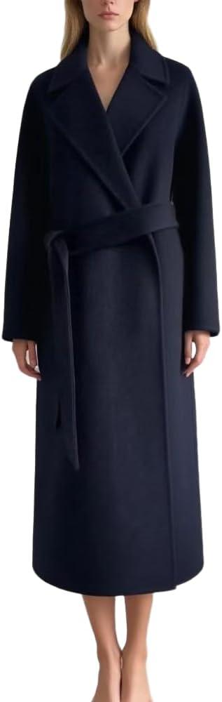 Women's Cashmer and Merino Wool Blend Double Breasted Long Trench Outdoor Coat for Fall Winter (Navy Blue)