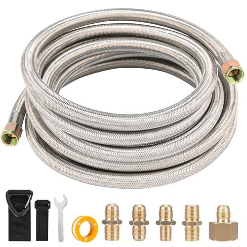 PLUMBINGMASTER 12FT Propane Gas Line, 3/ 8 Gas Hose, High Pressure Braided Propane Hose with Conversion Coupling 3/ 8" Flare to 1/ 2" Female NPT, 1/ 4" Male NPT for BBQ Grill