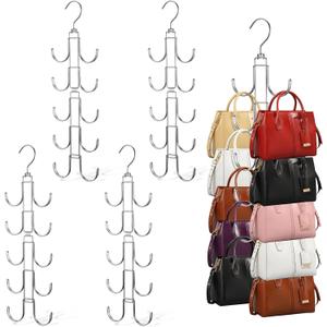 4 Pack Purse Organizer for Closet, Purse Hanger with 10 Big Hooks, 360 Degree Rotation Bag Holder for Organizer Display, Foldable Space Saving Hangers Rack for Handbag, Belt, Scarve, Tie