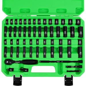 SWANLAKE 1/4" Drive Impact Socket Set, 56-Piece Standard SAE (5/32 to 9/16 inch) and Metric (4-15mm) Size, 6 Point, Cr-V, 1/4-Inch Drive Ratchet Handle, Drive Extension Bar, Impact Universal Joint