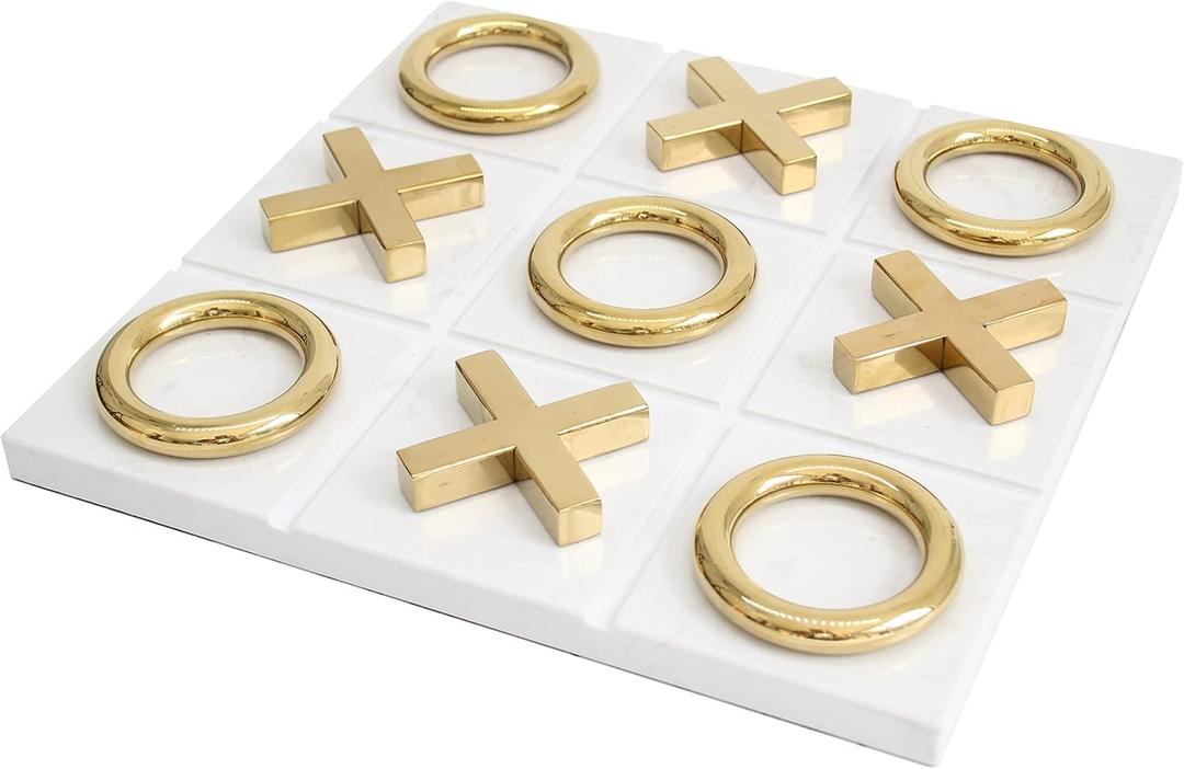 Marble Tic Tac Toe Game for Living Room Decor Centerpiece White and Gold XO with White Marble and Gold Color Stainless Steel Decorative Table Top X/O Board Coffee Table Dcor