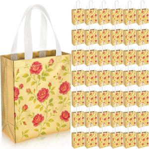 Sunnymove 40 Pcs Gold Small Reusable Gift Bags with Floral Vintage Design Bulk Indian Return Gift Bags, 10" x 8" x 4" Thank You Favor Bag for Mother's Day, Baby Showers, Weddings, Boutique
