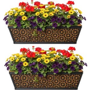 2 Pack Round Hole Railing Planter Window Box 24" Horse Trough Planter with Coco Fiber Liner Deck Balcony Rail Planters Metal Black Hanging Flower Planters Window Basket for Outdoor Porch Fence Patio