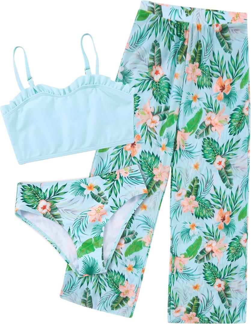 Vogseek 6-16T Girls 3 Pieces Bikini Bathing Suit with Rash Guard Pants Quick Dry Swimwear Cover-Up Sets (11-12 Years, Light Green)