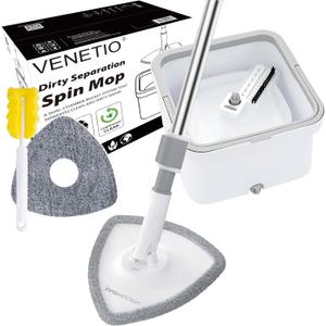 VENETIO Innowellclean Triangle Spin Mop & Bucket Set with Self-Cleaning/Dry/Wet 3-in-1 Dirty Separation System | Microfiber Mop for Floor Cleaning - Home & Kitchen Hardwood, Laminate, Tile (2 Pads), White