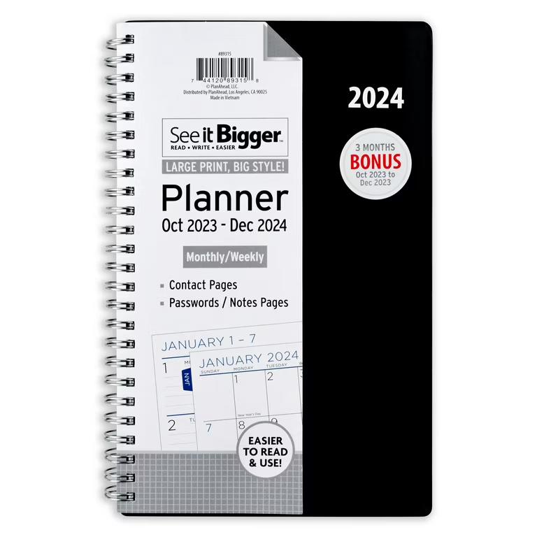 See It Bigger Monthly & Weekly Planner, October 2023 - December 2024 (5.75"x 8.75") Black
