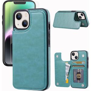 Wallet Case Compatible with iPhone 14, Slim Protective case with Card Holder,Premium PU Leather Kickstand Card Slots Case with a Free Screen Protector for iPhone 14 (6.1")-Turquoise Green