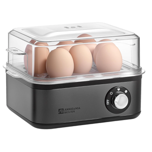 Annie & Mia Design Stainless Steel Electric Rapid Egg Cooker, 8 Egg Capacity 500W, Soft/Medium/Hard Boiled Egg Boiler Poacher Steamer Omelet Maker, Knob Auto ShutOff, with Recipe Guide Book (Black)