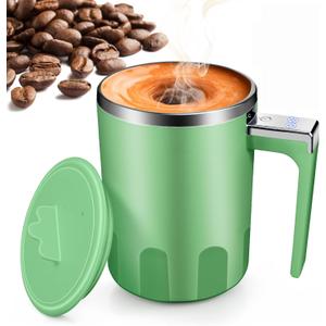 Self Stirring Coffee Mug: 2025 New Rechargeable Auto Magnetic Stirring Mixing Mug with Temperature Display,13oz Stainless Steel Travel Coffee Cup for Office, Home, Kitchen, Best Gift (Green)